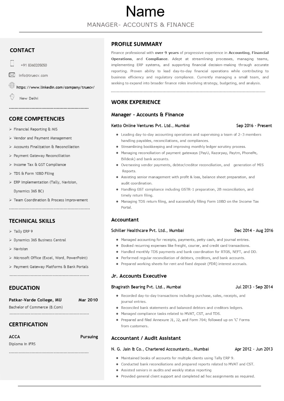 resume writing for manager truecv