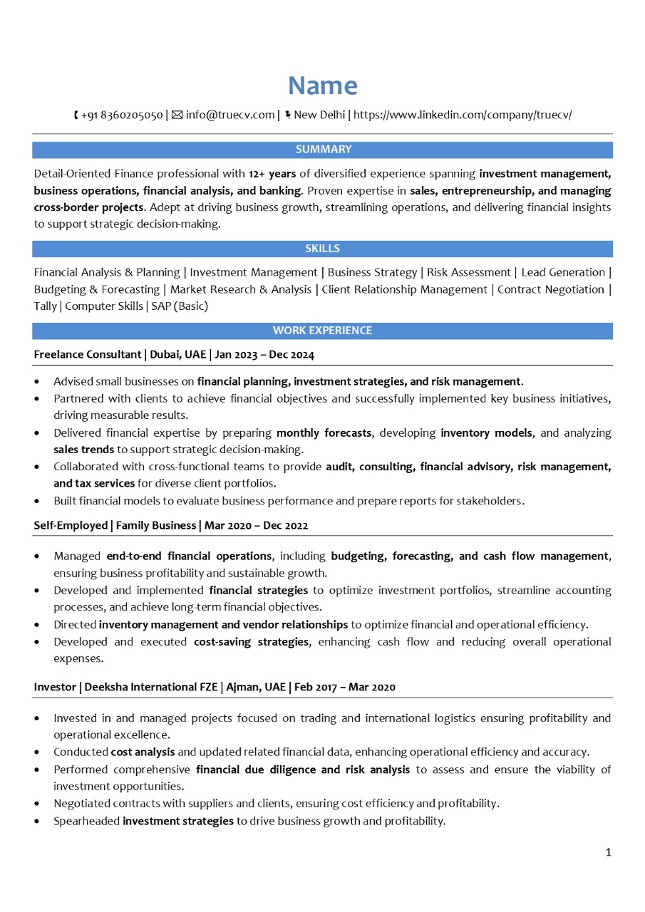 resume writing for finance professional truecv